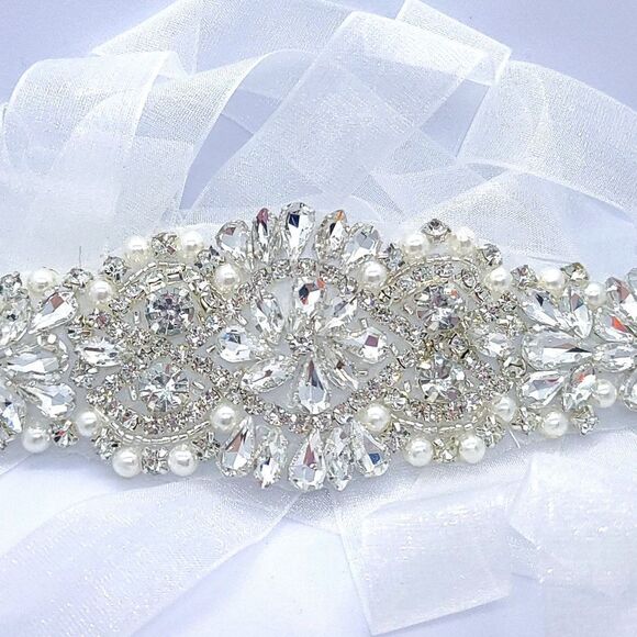 Rhinestone Pearl Beaded Bride Bridal Belt Wedding Dress Sash White Long Plus NWT - Picture 10 of 11